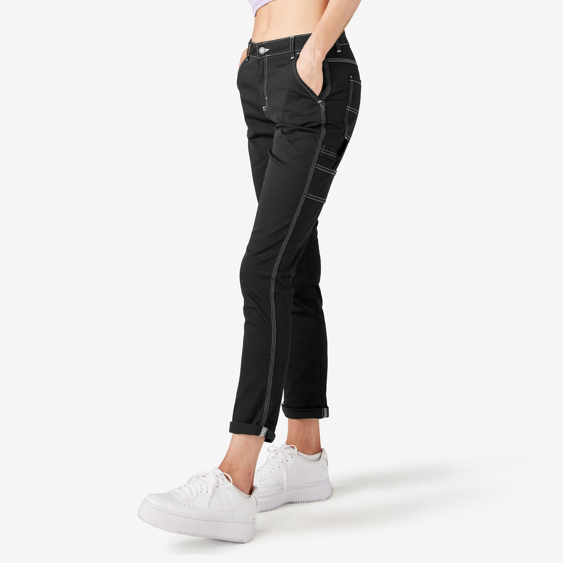 Women's Slim Straight Fit Roll Hem Carpenter Pants Dickies Women